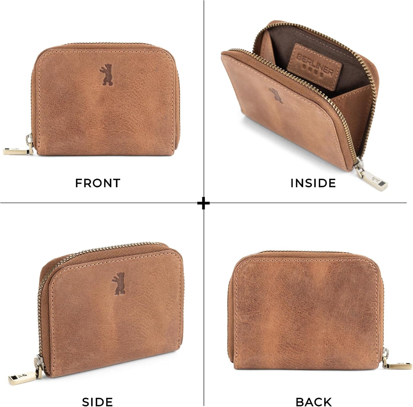 HOTBERLINER BAGS Genuine Leather Small Wallet Women Braga, Gift Box – Brown | Soft Leather Bifold Zip Wallet, Fits Purses & Crossbody Bags, 2 Separated Compartments for Bill & Coins, RFID Blocking