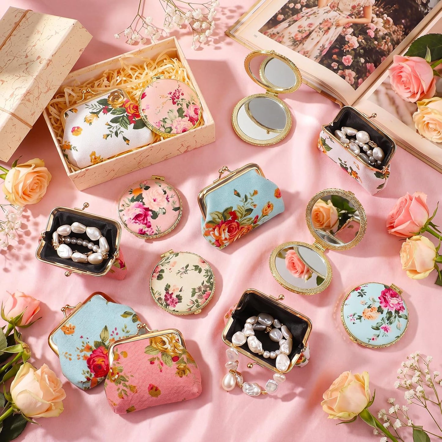 HOT30 Pcs Indian Pooja Return Gifts Bulk Floral Coin Purse Mirror,Gold Edge