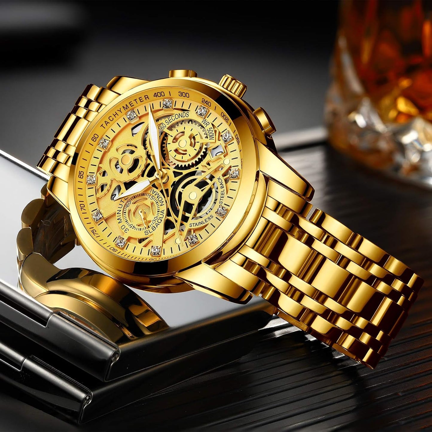 HOTNEKTOM Watches for Men with Stainless Steel, Quartz Analog Watch with Date, Luxury Minimalist Dress Mens Watches, Chronograph Watch, 3ATM Waterproof, Black Wristwatch, Gifts for Men