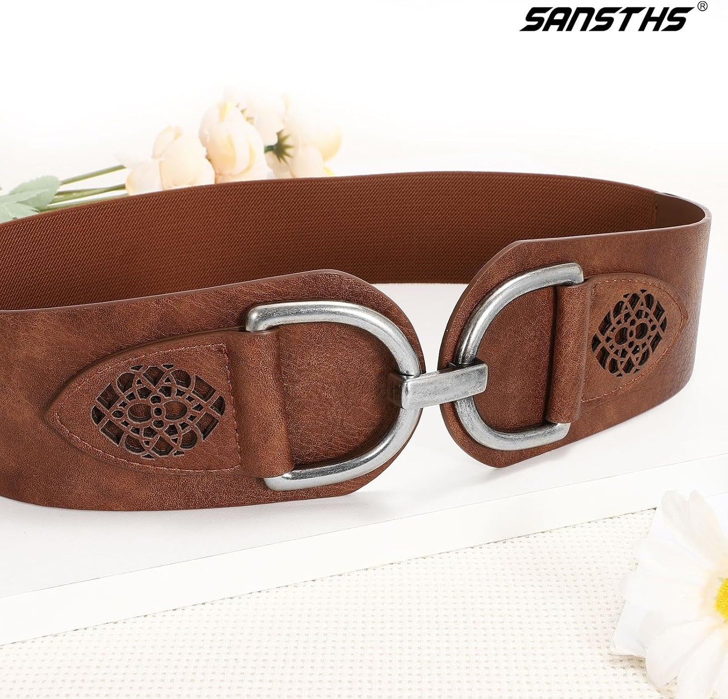HOTSANSTHS Vintage Women Stretchy Wide Belt Chunky Buckle Elastic Wide Waist Belts for Dresses Coats