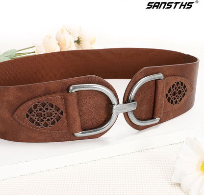 HOTSANSTHS Vintage Women Stretchy Wide Belt Chunky Buckle Elastic Wide Waist Belts for Dresses Coats