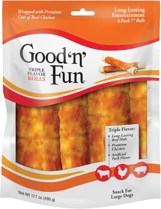 HOTGood 'n' Fun Rolls Long-Lasting Dog Treat, For Large Dogs, With Real Proteins, Beef Hide and Premium Chicken, Supports Dental Health, Mental Stimulation, 6 count