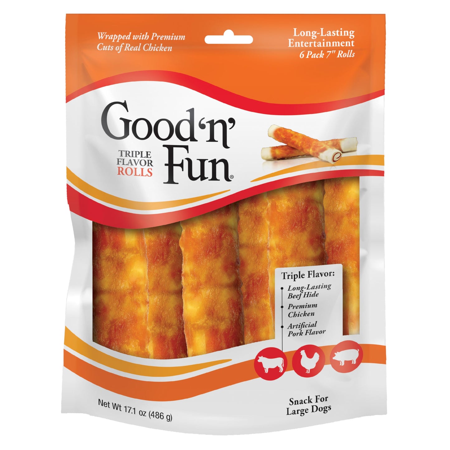 HOTGood 'n' Fun Rolls Long-Lasting Dog Treat, For Large Dogs, With Real Proteins, Beef Hide and Premium Chicken, Supports Dental Health, Mental Stimulation, 6 count