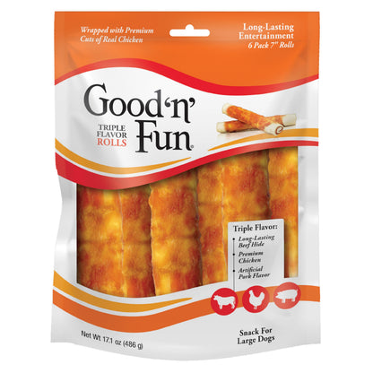 HOTGood 'n' Fun Rolls Long-Lasting Dog Treat, For Large Dogs, With Real Proteins, Beef Hide and Premium Chicken, Supports Dental Health, Mental Stimulation, 6 count