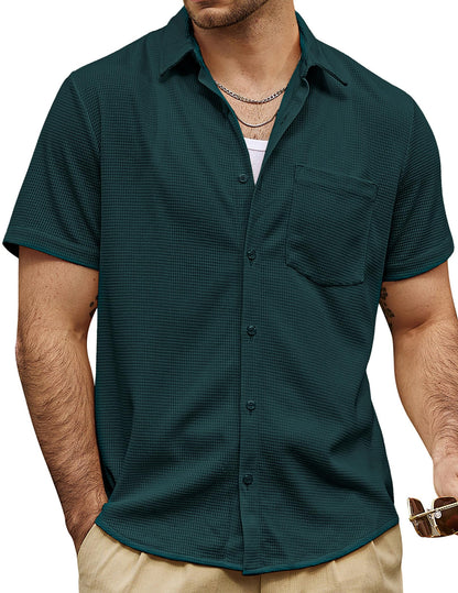 HOTVATPAVE Mens Casual Waffle Shirt Short Sleeve Button Down Summer Shirts | Beach, Untucked, Camp, Daily, Work, Family Photo, Old Money, Vacation, Collared, Wedding, Date, Cruise, Going Out, Pocket