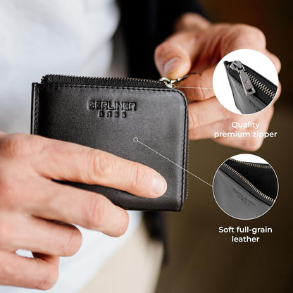 HOTBERLINER BAGS Genuine Leather Coin Purse Mark, Credit Card Holder, Mini Wallet with Zipper for Men and Women