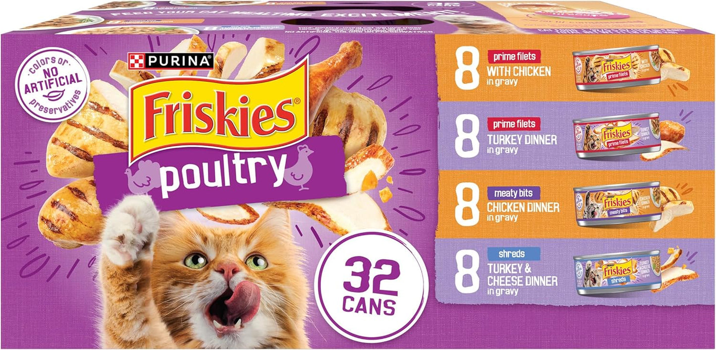 HOTPurina Friskies Gravy Wet Cat Food Variety Pack, Poultry Shreds, Meaty Bits and Prime Filets - (Pack of 32) 5.5 oz. Cans