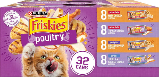 HOTPurina Friskies Gravy Wet Cat Food Variety Pack, Poultry Shreds, Meaty Bits and Prime Filets - (Pack of 32) 5.5 oz. Cans