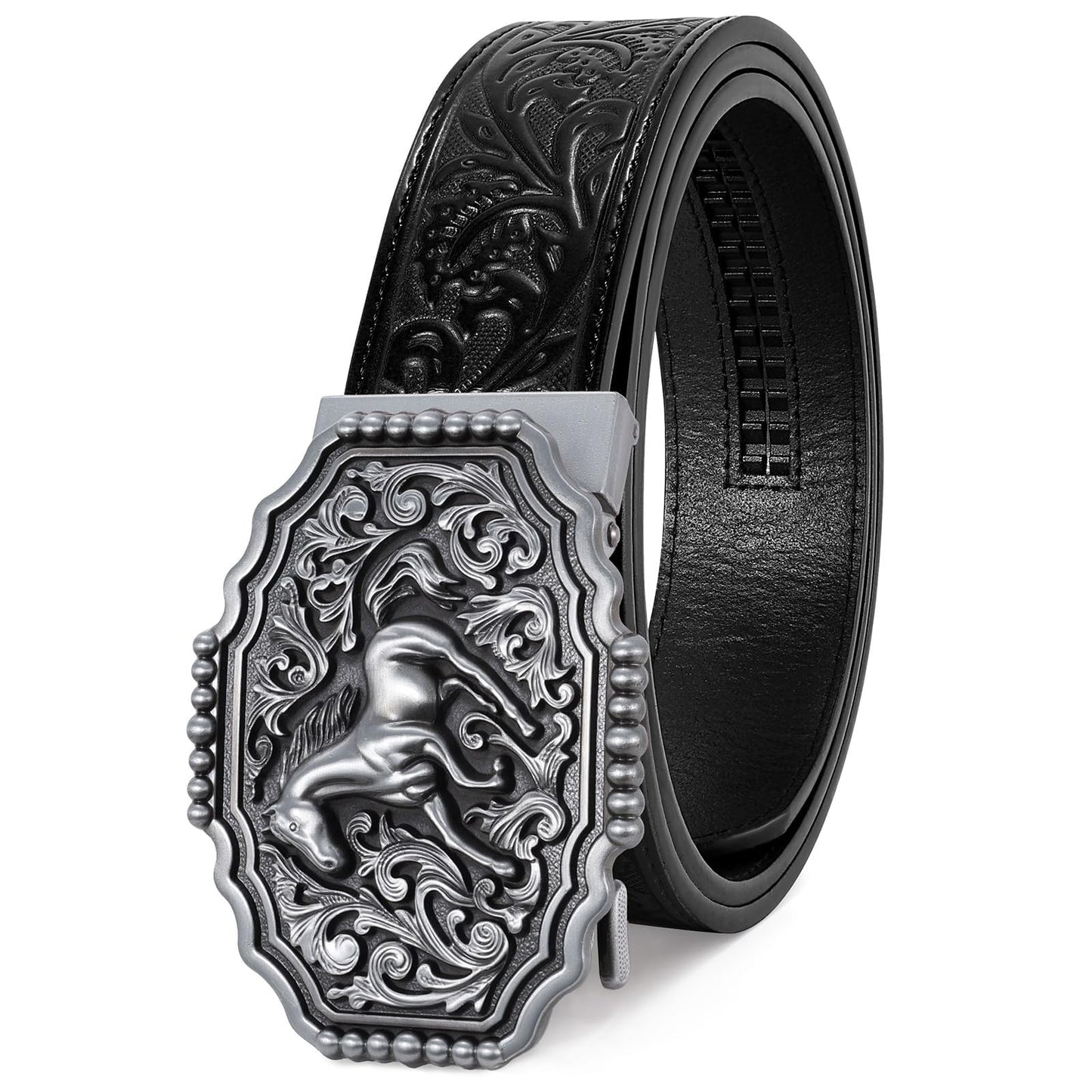 HOTSANSTHS Western Cowboy Ratchet Belts for Men Women Leather Cowboy Belt with Automatic Western Buckle for Jeans Gifts