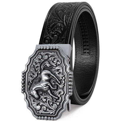 HOTSANSTHS Western Cowboy Ratchet Belts for Men Women Leather Cowboy Belt with Automatic Western Buckle for Jeans Gifts