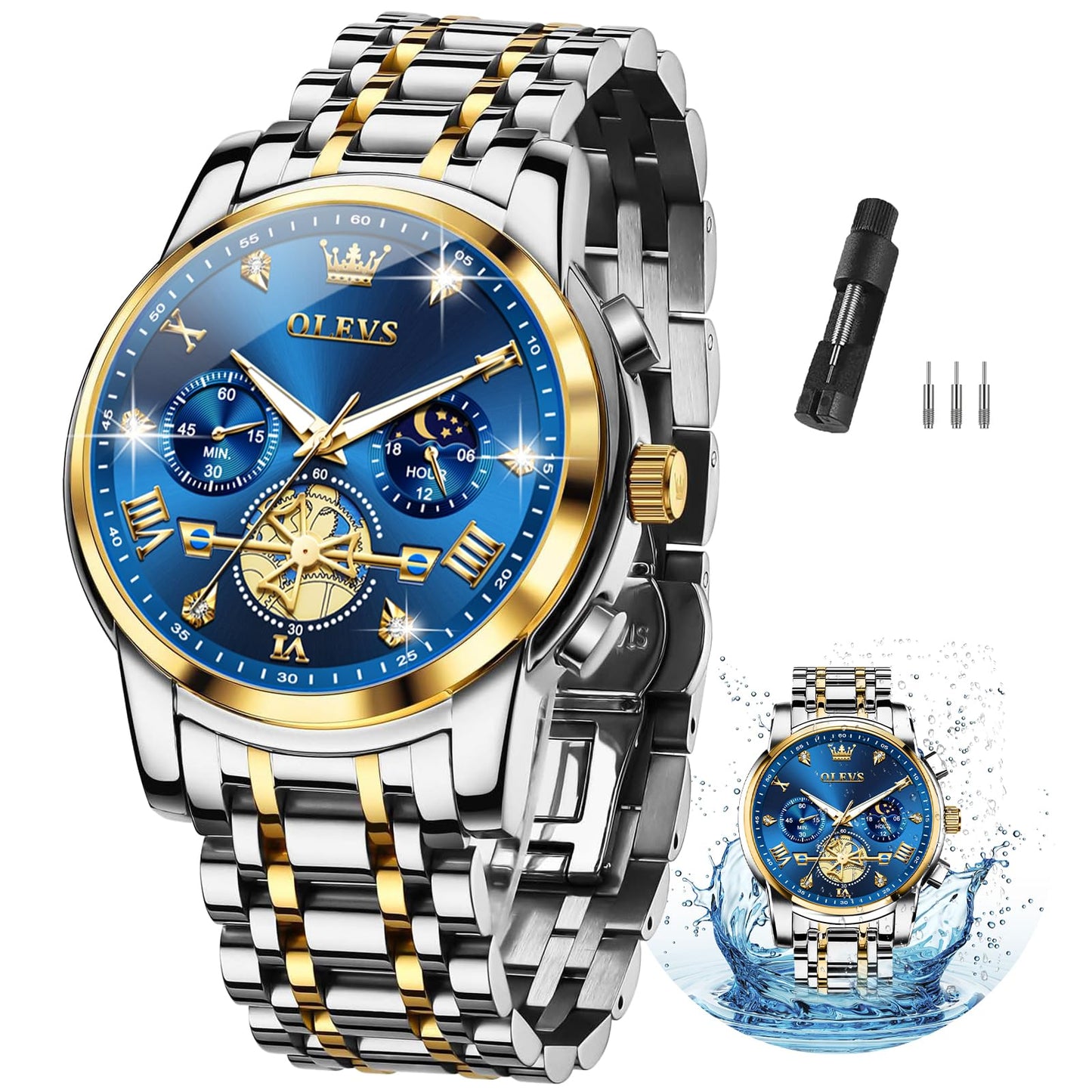 HOTOLEVS Watches Men Stainless Steel Chronograph Watch Luxury Big Face Man Dress Watches Waterproof Roman Numeral Analog Quartz Men Wrist Watch Diamond Relojes para Hombre(Silver/Black/Gold/Red/Blue)