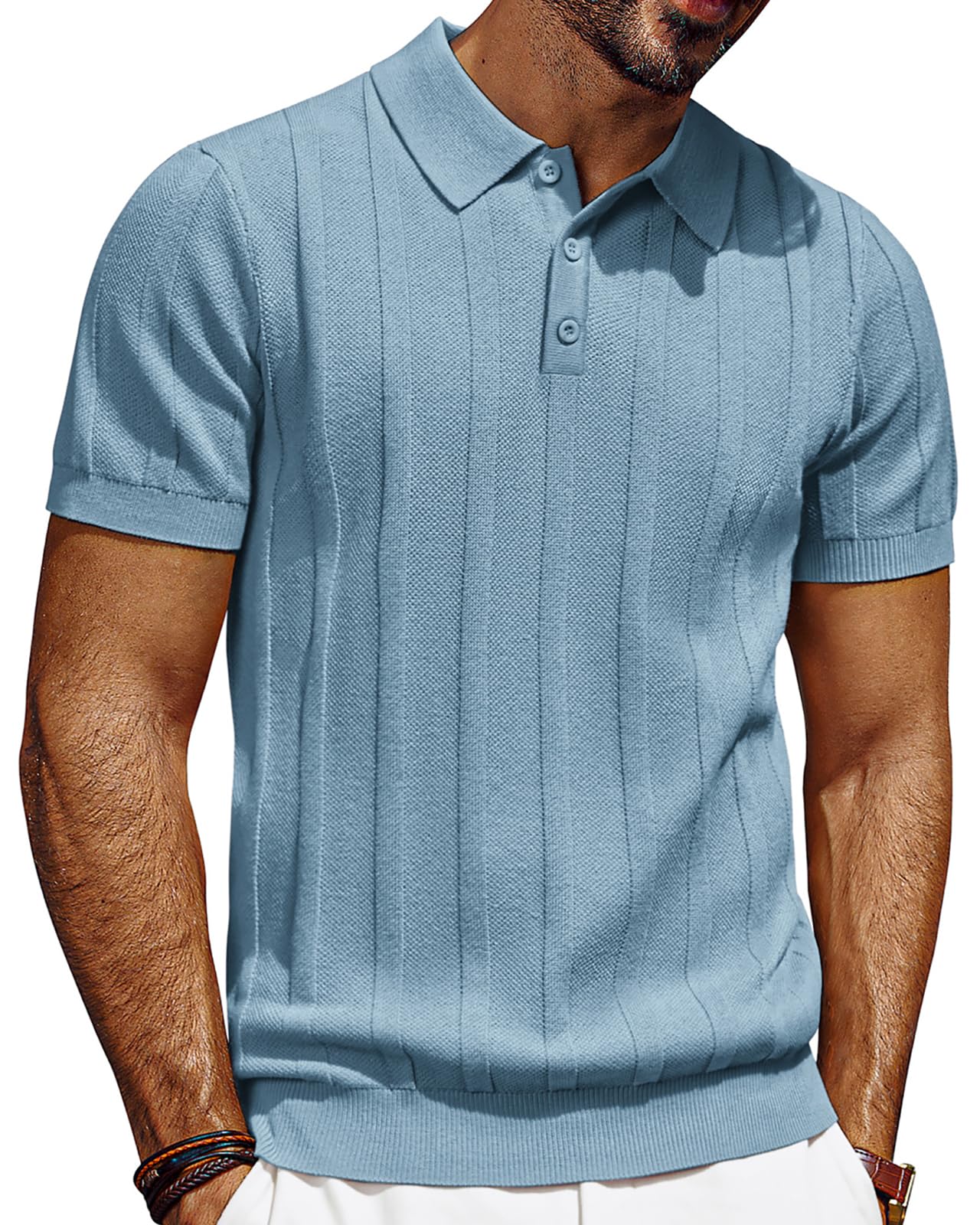 HOTPJ PAUL JONES Mens Polo Shirts Short Sleeve Textured Knit Polo Shirt Ribbed Casual Golf Shirts