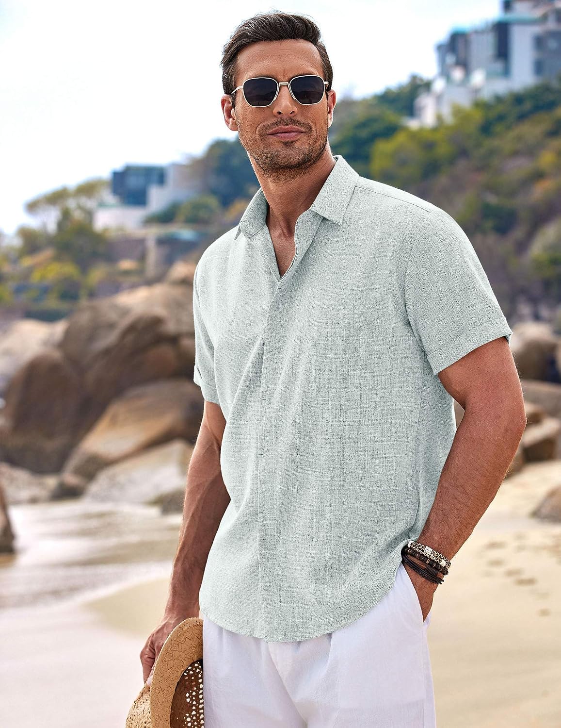 HOTCOOFANDY Men's Linen Shirts Short Sleeve Casual Shirts Button Down Shirt for Men Beach Summer Wedding Shirt