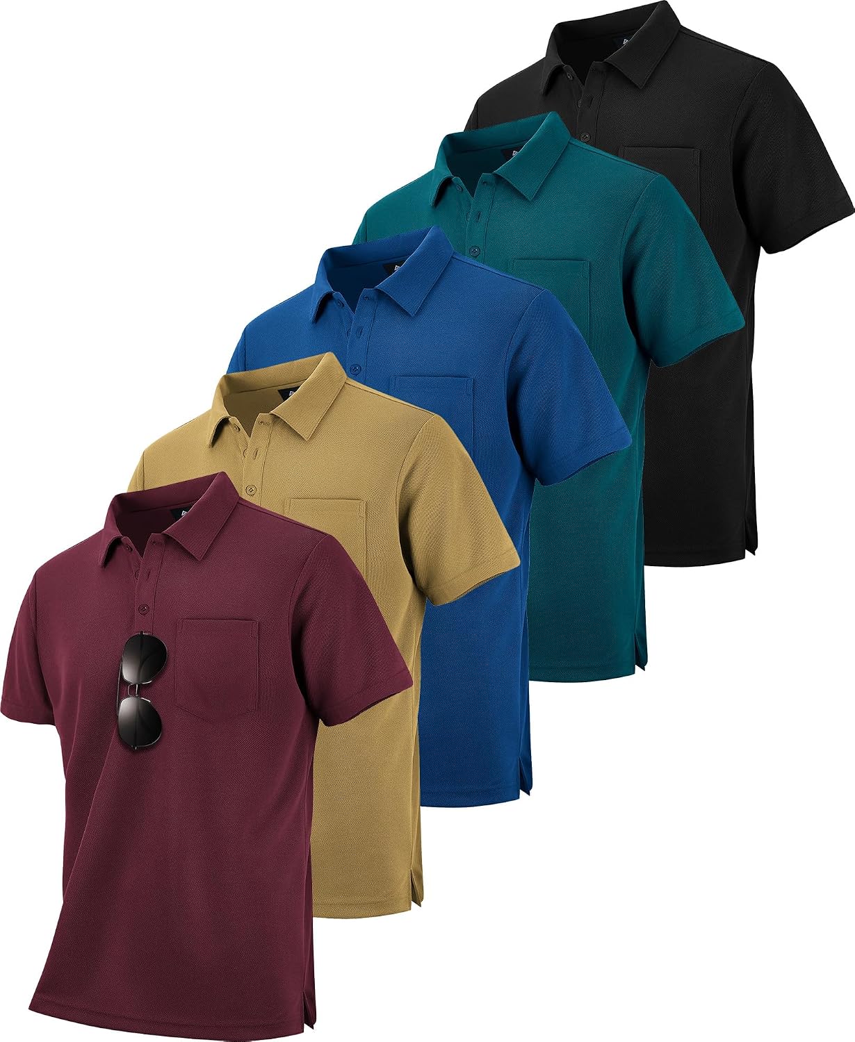 HOTZITY 5 Pack Polo Shirts for Men with Pocket Dry Quickly Short Sleeve Athletic Outdoor Work Collared Shirts