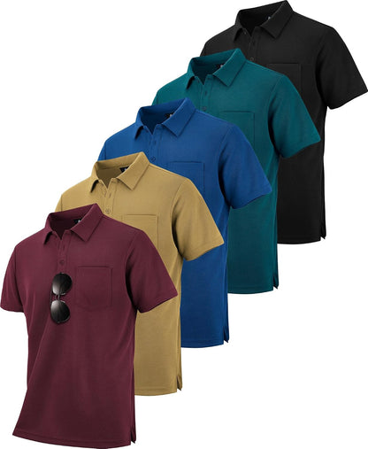 HOTZITY 5 Pack Polo Shirts for Men with Pocket Dry Quickly Short Sleeve Athletic Outdoor Work Collared Shirts