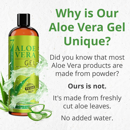HOTSeven Minerals Aloe Vera Gel with Freshly Cut Pure Organic Aloe - Big 12oz - Texas Grown, HighestQuality, Vegan, Unscented, Non-Sticky - After Sun, Skin & Face Moisturizer, Hair Mask