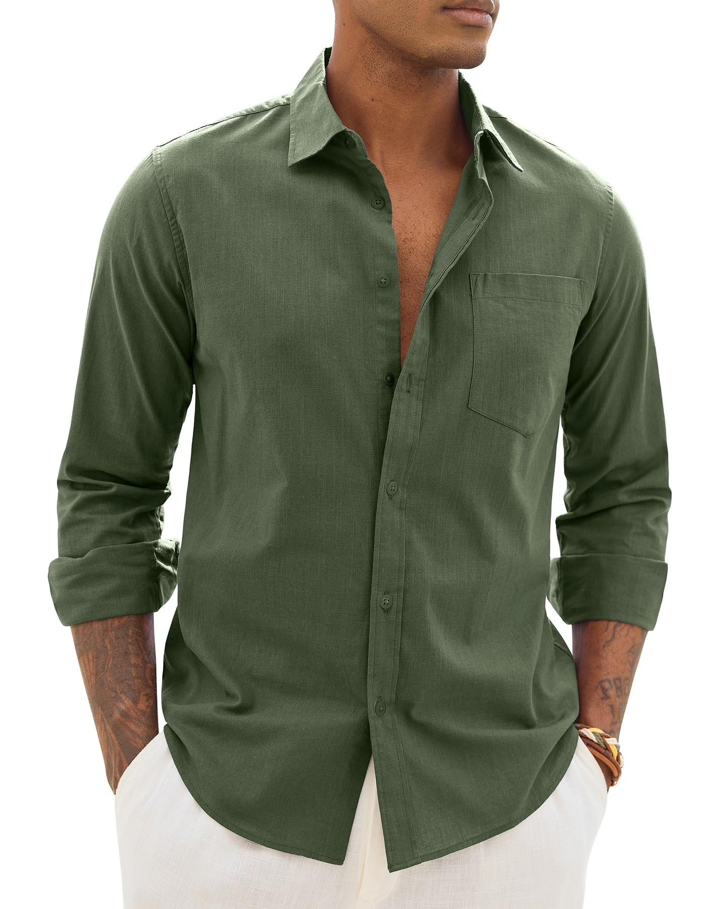 HOTAlimens & Gentle Mens Cotton Linen Textured Shirt Long Sleeve Button Down Shirts Casual Summer Beach Wedding Tops with Pocket