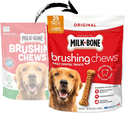 HOTMilk-Bone Brushing Chews Large Daily Dental Dog Treats, 33.7 oz Bag | 25 treats, chicken flavored, VOHC accepted dental chews, helps clean teeth and freshen breath, for large dogs 50 lbs and up