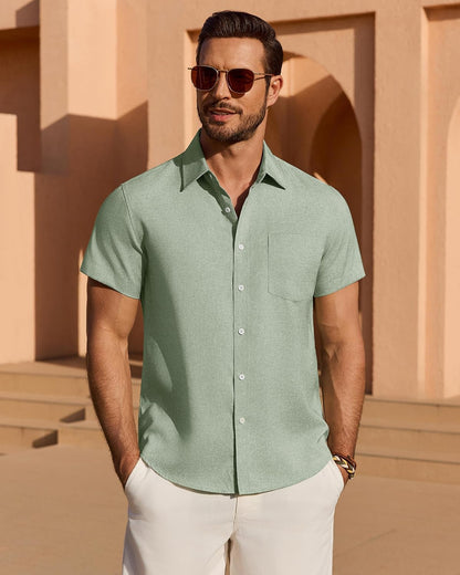 HOTMens Linen Shirt Short Sleeve Wrinkle Free Casual Untucked Button Down Shirts Beach Breathable Tops Summer