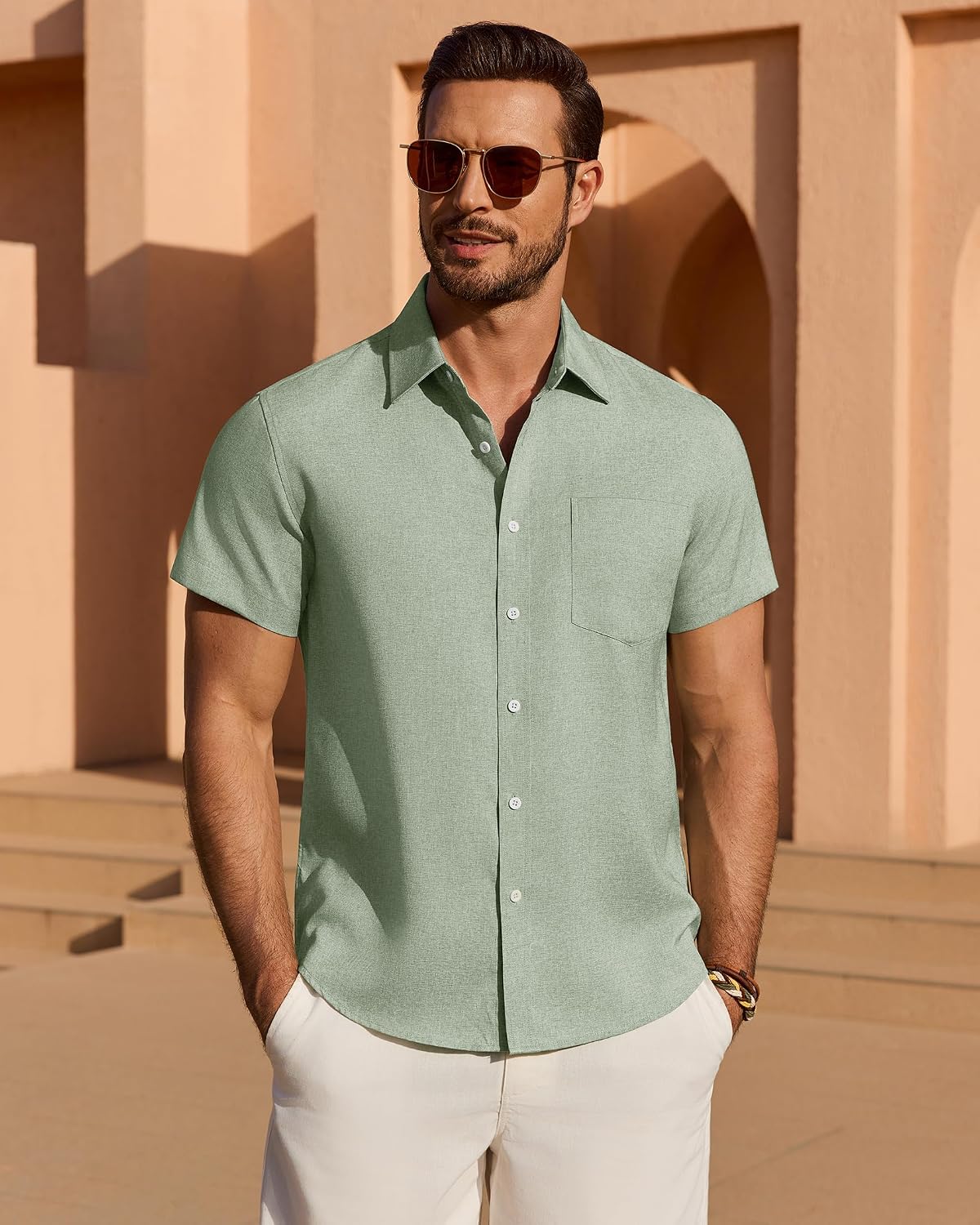 HOTMens Linen Shirt Short Sleeve Wrinkle Free Casual Untucked Button Down Shirts Beach Breathable Tops Summer