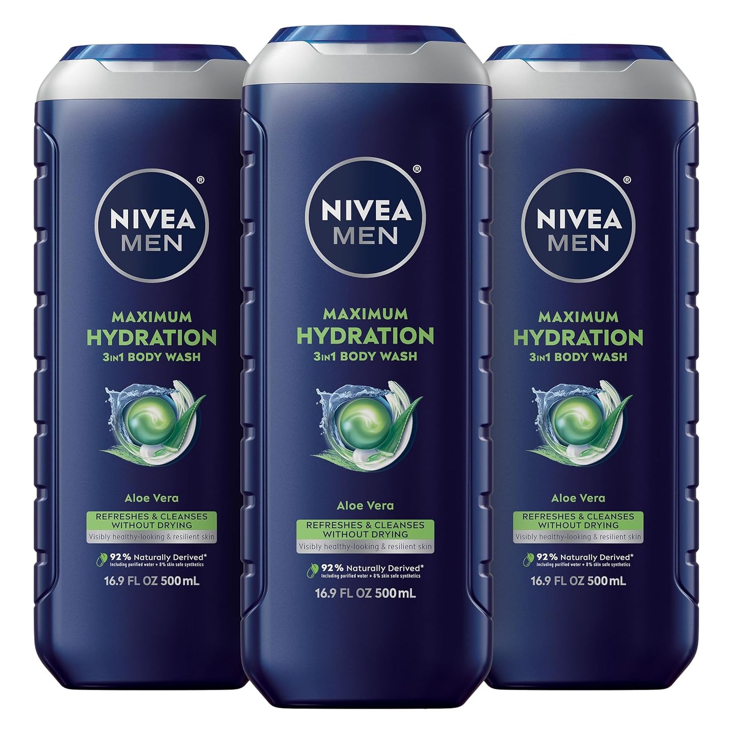HOTNIVEA MEN Maximum Hydration Body Wash for Dry Skin, Aloe Vera Enriched, 3-in-1 Moisturizing Body Wash, Face and Hair, Paraben Free, Vegan Formula, 16.9 Fl Oz Bottle, Pack of 3