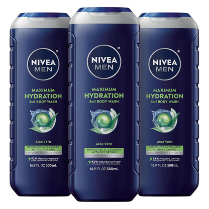 HOTNIVEA MEN Maximum Hydration Body Wash for Dry Skin, Aloe Vera Enriched, 3-in-1 Moisturizing Body Wash, Face and Hair, Paraben Free, Vegan Formula, 16.9 Fl Oz Bottle, Pack of 3