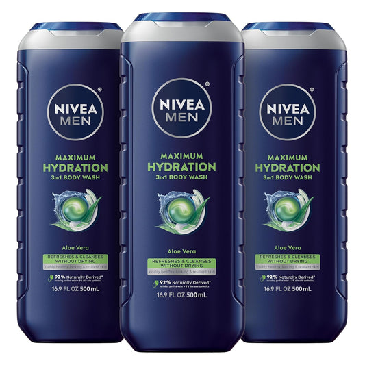 HOTNIVEA MEN Maximum Hydration Body Wash for Dry Skin, Aloe Vera Enriched, 3-in-1 Moisturizing Body Wash, Face and Hair, Paraben Free, Vegan Formula, 16.9 Fl Oz Bottle, Pack of 3