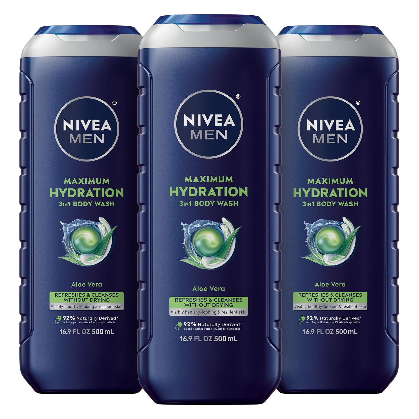 HOTNIVEA MEN Maximum Hydration Body Wash for Dry Skin, Aloe Vera Enriched, 3-in-1 Moisturizing Body Wash, Face and Hair, Paraben Free, Vegan Formula, 16.9 Fl Oz Bottle, Pack of 3