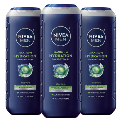 HOTNIVEA MEN Maximum Hydration Body Wash for Dry Skin, Aloe Vera Enriched, 3-in-1 Moisturizing Body Wash, Face and Hair, Paraben Free, Vegan Formula, 16.9 Fl Oz Bottle, Pack of 3