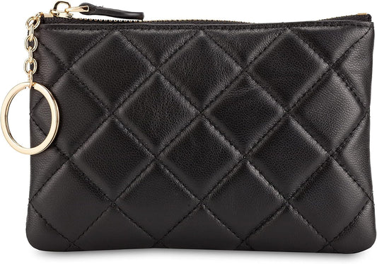 HOTDORIS&JACKY Quilted Leather Coin Purse for Women Mini RFID Zipper Wallet | Soft Lambskin Credit Card Holder with Key Chain, Small Designer Coin Pouch, RFID Blocking Functional Card Case