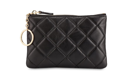 HOTDORIS&JACKY Quilted Leather Coin Purse for Women Mini RFID Zipper Wallet | Soft Lambskin Credit Card Holder with Key Chain, Small Designer Coin Pouch, RFID Blocking Functional Card Case