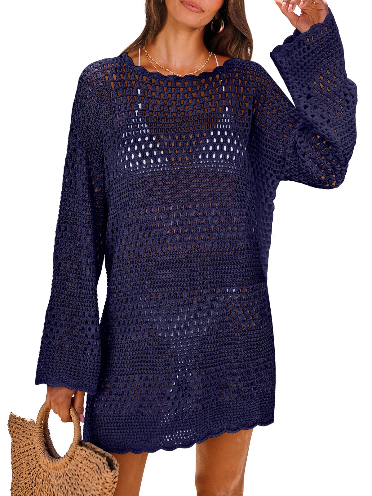 HOTANRABESS Women Swimsuit Crochet Swim Cover Up 2026 Summer Bathing Suit Swimwear Mesh Knit Beach Dress Vacation Outfits
