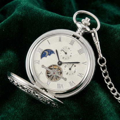 HOTOBTAIN Vintage Mechanical Pocket Watch - Exquisite Double-Sided Floral Engraved Case, Single Hunter Skeleton Design, Antique Silver Hand-Winding Watch with 25cm Chain, Gift Box for Men