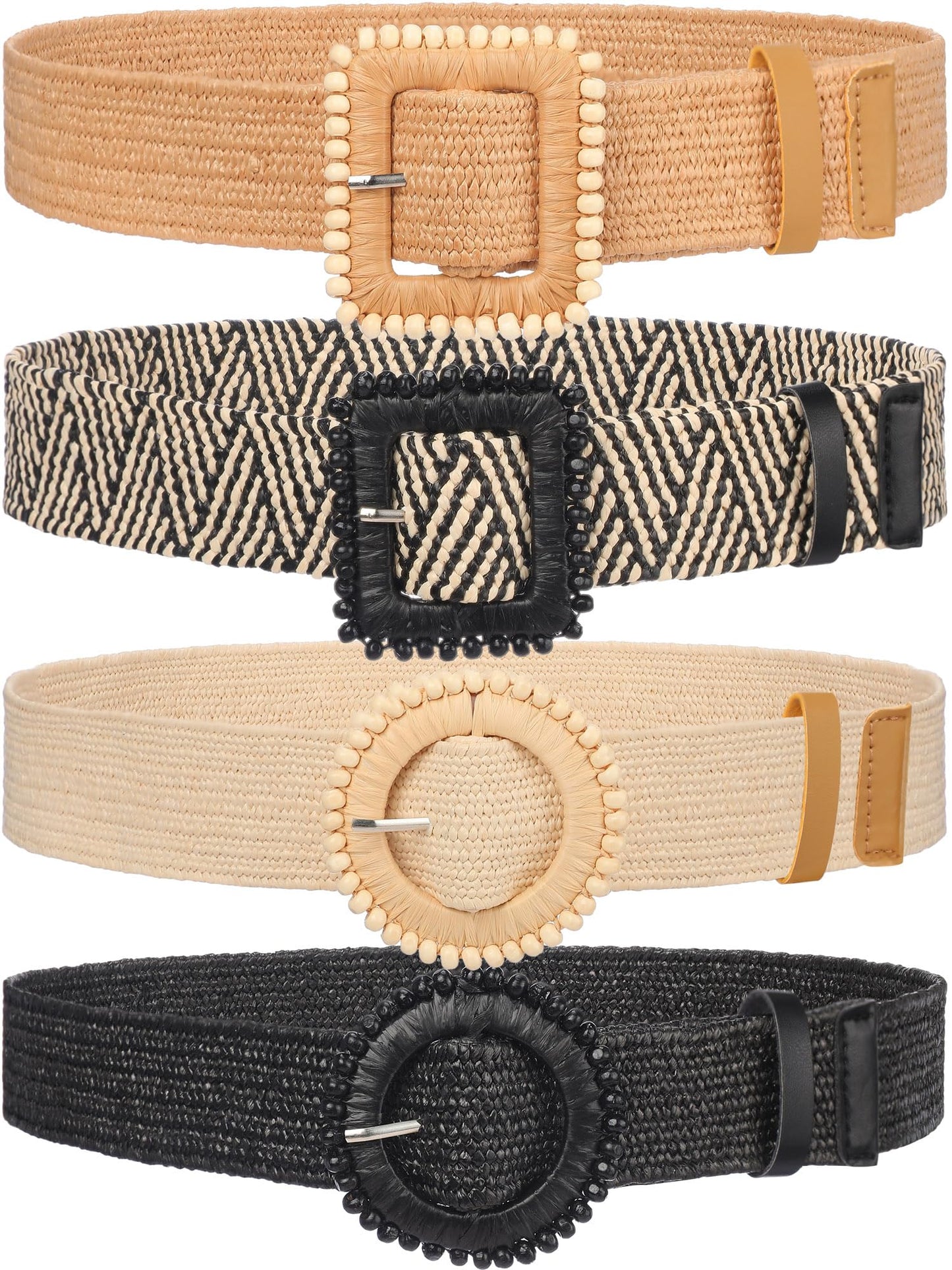HOTWILLBOND 4 Pcs Women's Elastic Raffia Woven Belt, Boho Rattan Buckle Stretch Straw Wide Waist Belt for Dresses Jeans Pants