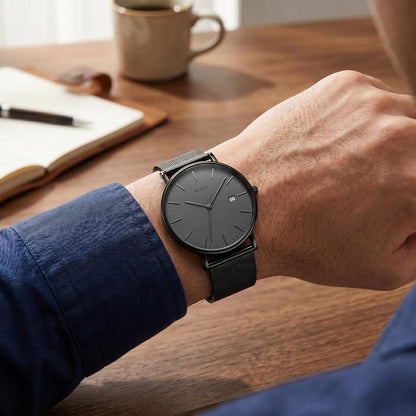 HOTBUREI Ultra Thin Minimalist Men Watch, All Black Stainless Steel Mesh Band,Analog Waterproof Casual Business Wristwatch, Gift for Father