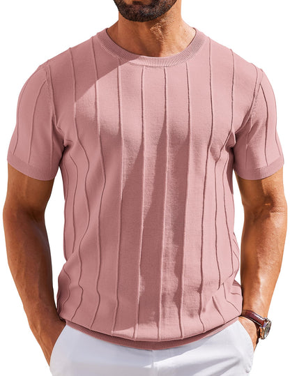 HOTCOOFANDY Men's T- Shirts Short Sleeve Knit Sweater Shirt Casual Crewneck Ribbed Pullover Tees