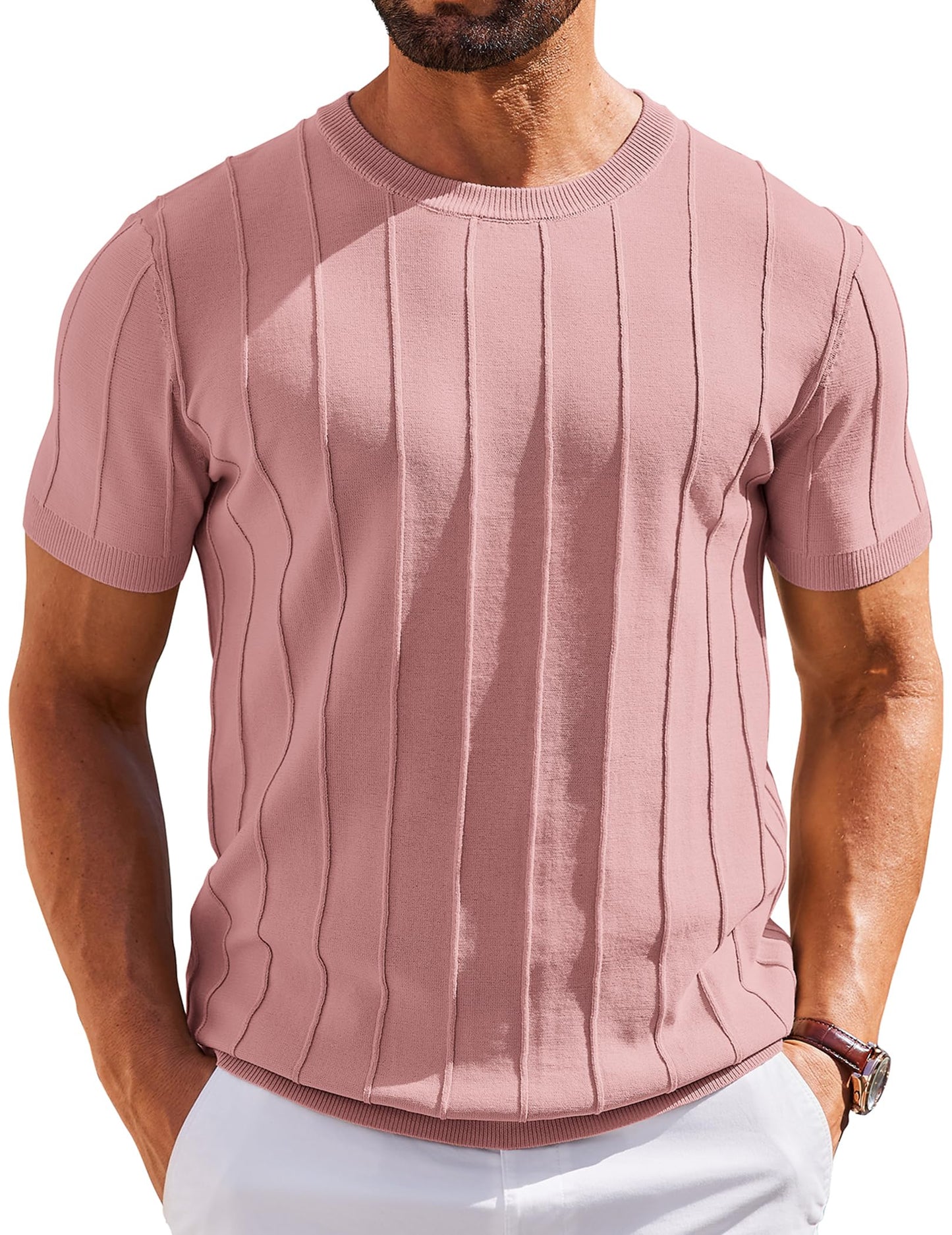 HOTCOOFANDY Men's T- Shirts Short Sleeve Knit Sweater Shirt Casual Crewneck Ribbed Pullover Tees