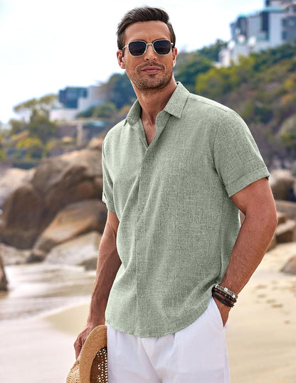 HOTCOOFANDY Men's Linen Shirts Short Sleeve Casual Shirts Button Down Shirt for Men Beach Summer Wedding Shirt