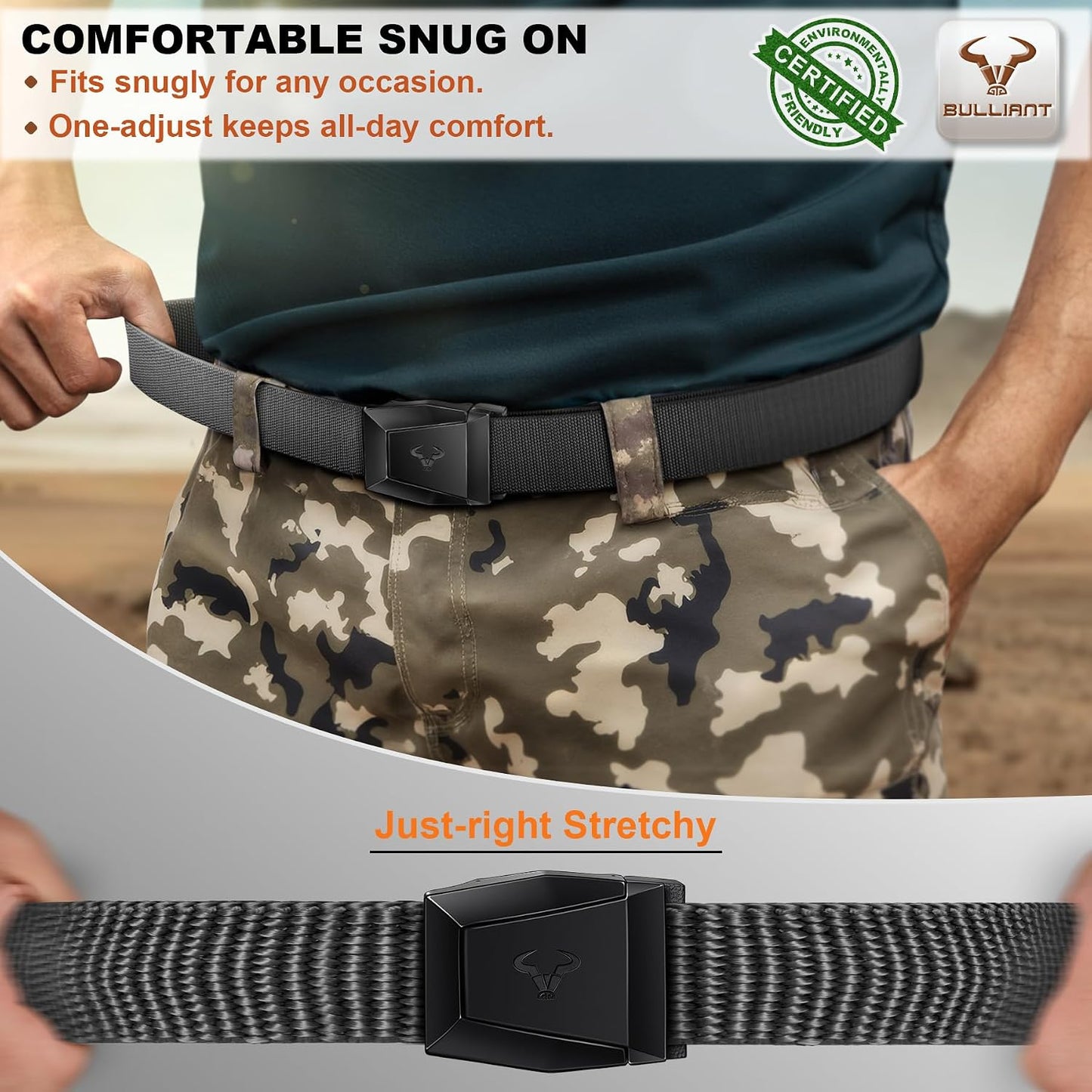 HOTBULLIANT Men Tactical Belt 2 Pack,Stretch Western Rigger Web Belt For Cowboy Military Heavy Duty 1.5"-Cut For Fit | Smooth Sliding | Adjustable for Precise Fit | Tailored Size | Rugged Nylon for Heavy Duty, hiking, Hunting