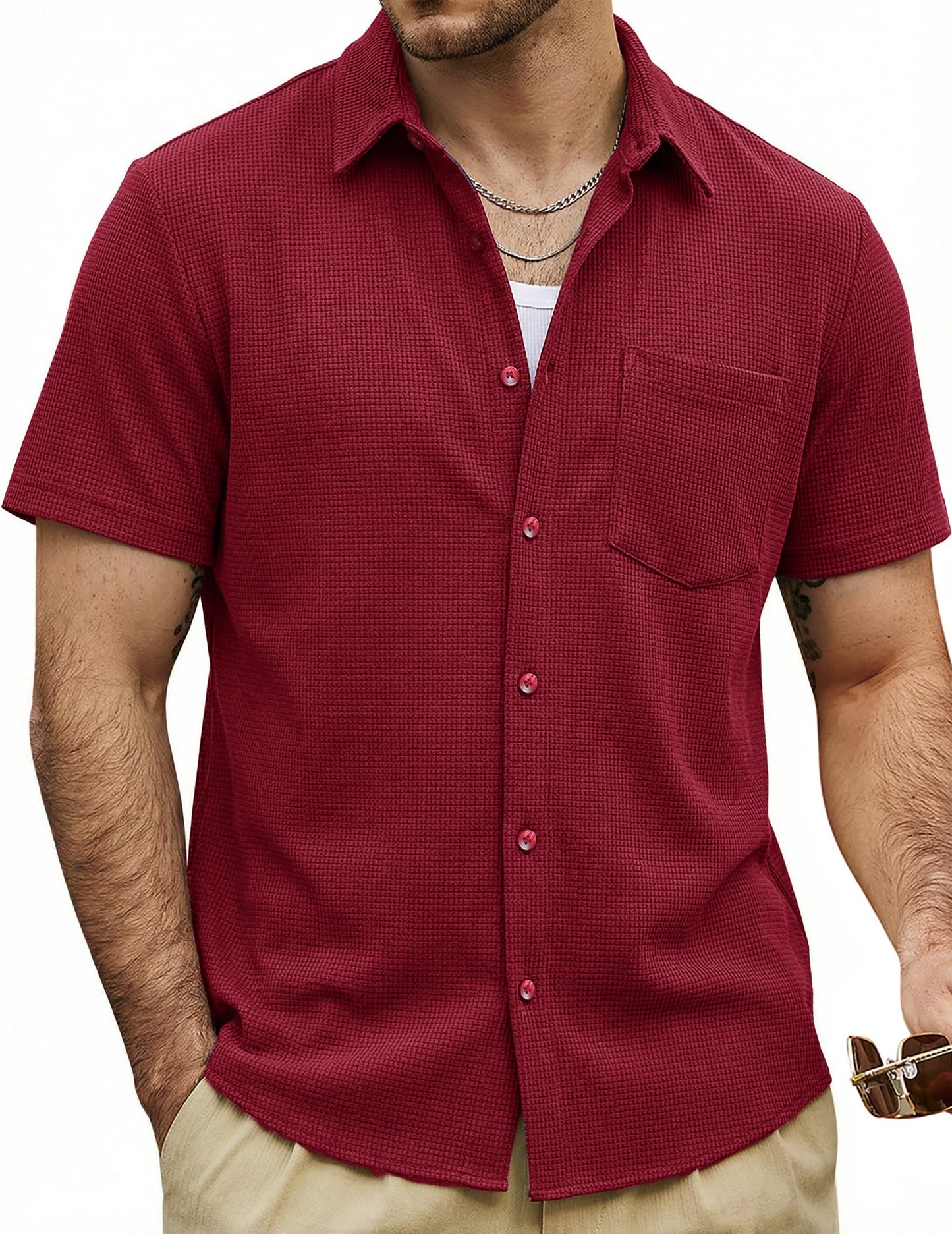 HOTVATPAVE Mens Casual Waffle Shirt Short Sleeve Button Down Summer Shirts | Beach, Untucked, Camp, Daily, Work, Family Photo, Old Money, Vacation, Collared, Wedding, Date, Cruise, Going Out, Pocket