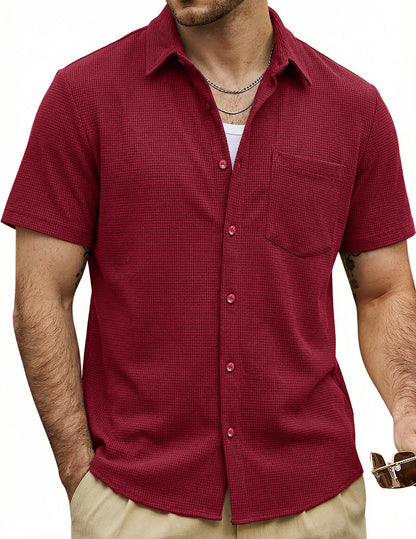 HOTVATPAVE Mens Casual Waffle Shirt Short Sleeve Button Down Summer Shirts | Beach, Untucked, Camp, Daily, Work, Family Photo, Old Money, Vacation, Collared, Wedding, Date, Cruise, Going Out, Pocket