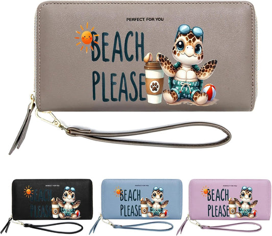 HOTKUKOO Cartoon Turtle Long Wallet for Women - RFID Blocking with Multi Card Slots, Large Capacity Wristlet Travel Purse, Cash Clutch Billfold with Zipper Coin Pocket, Gift for Ladies & Girls