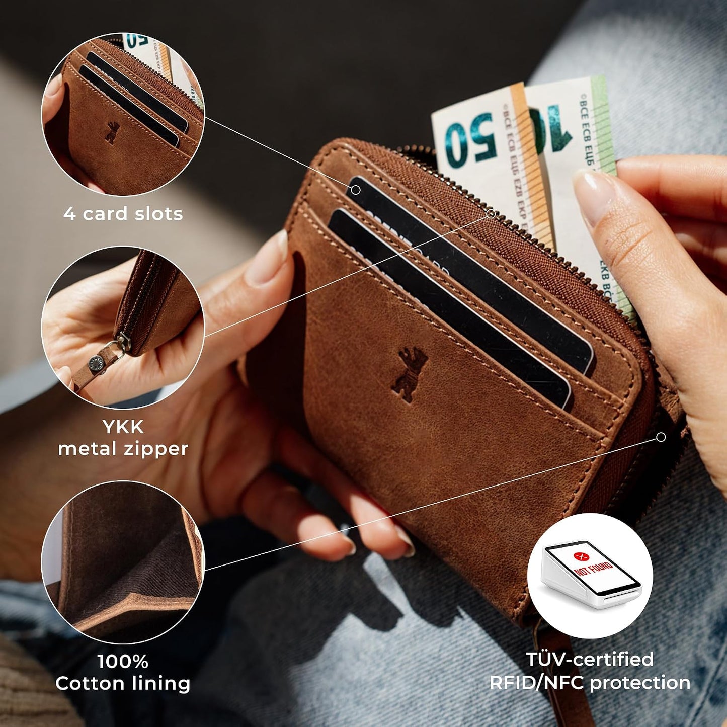 HOTBERLINER BAGS Genuine Leather Small Wallet Women Elsa, Gift Box – Brown | Soft Leather Bifold Zip Wallet, Fits Purses & Crossbody Bags, 6 Card Slots, 2 Cash Sections, Coin Pocket, RFID Blocking