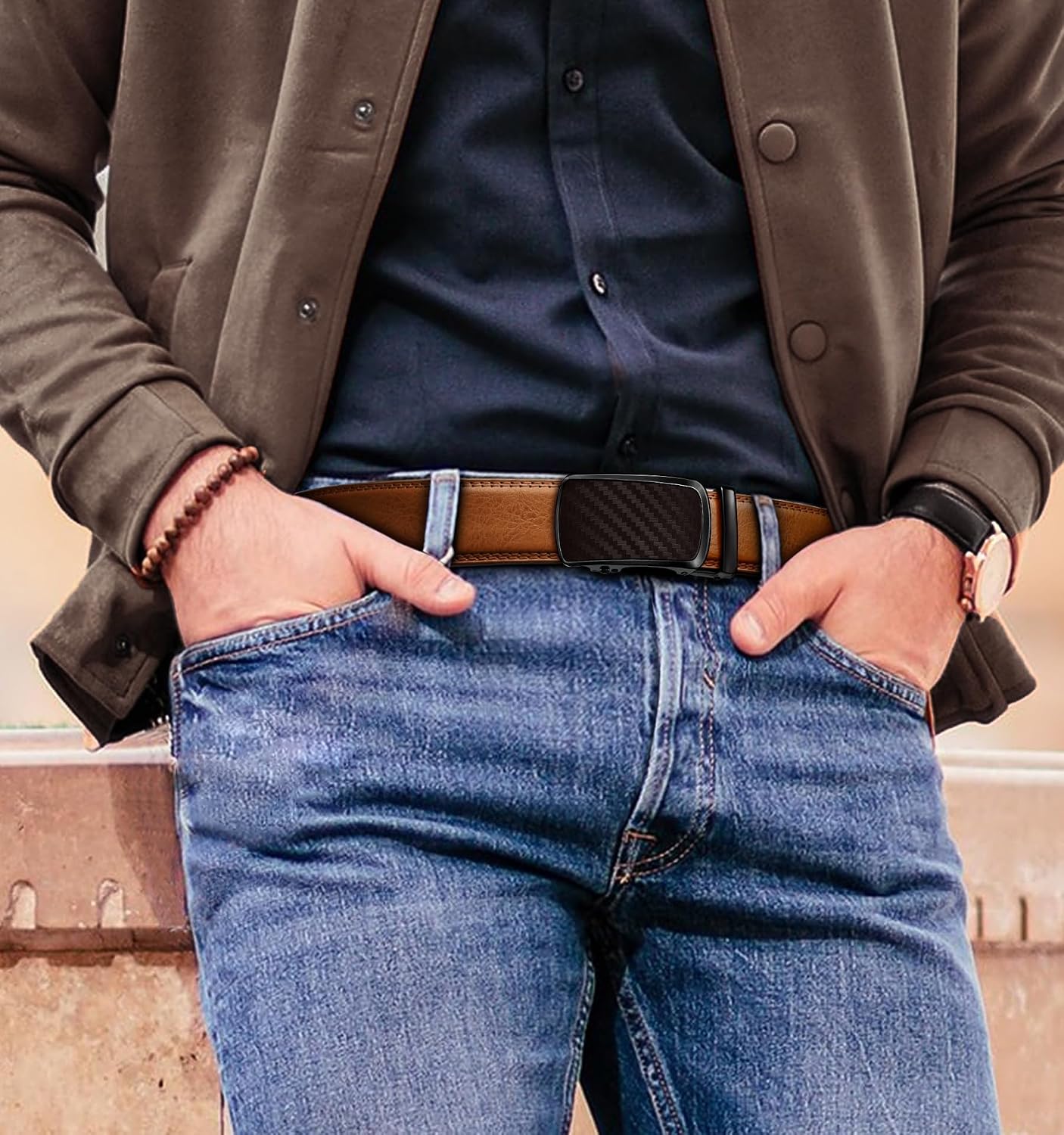 HOTKEMISANT Ratchet Belt For Men 2 Pack,Slide Leather Belt Adjustable For Gift Men Dress Casual Pants Jeans-Cut For Fit