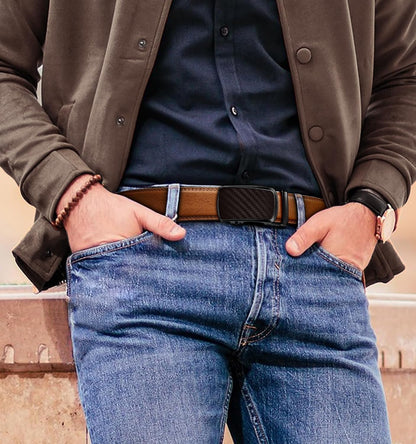 HOTKEMISANT Ratchet Belt For Men 2 Pack,Slide Leather Belt Adjustable For Gift Men Dress Casual Pants Jeans-Cut For Fit