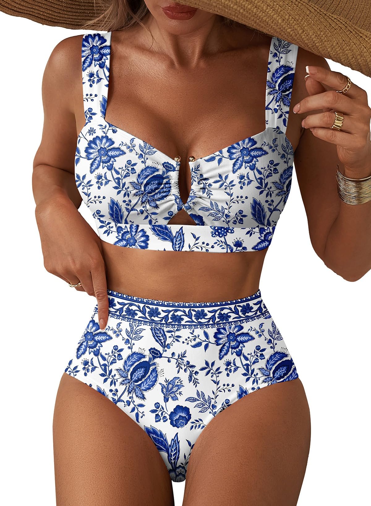 HOTHerseas Women's 2 Piece U Wire Cutout Bikini Sets Floral Print High Waisted Swimsuit 2026 Summer Beach Swim Bathing Suit
