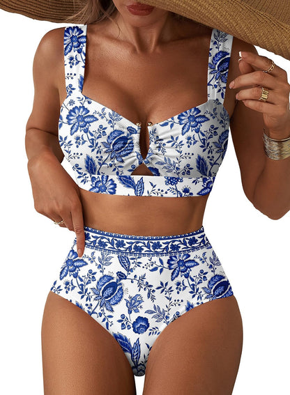 HOTHerseas Women's 2 Piece U Wire Cutout Bikini Sets Floral Print High Waisted Swimsuit 2026 Summer Beach Swim Bathing Suit