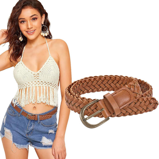 HOTWHIPPY Women Braided Belt Skinny Casual Soft Faux Leather Woven Belt for Jeans Pants