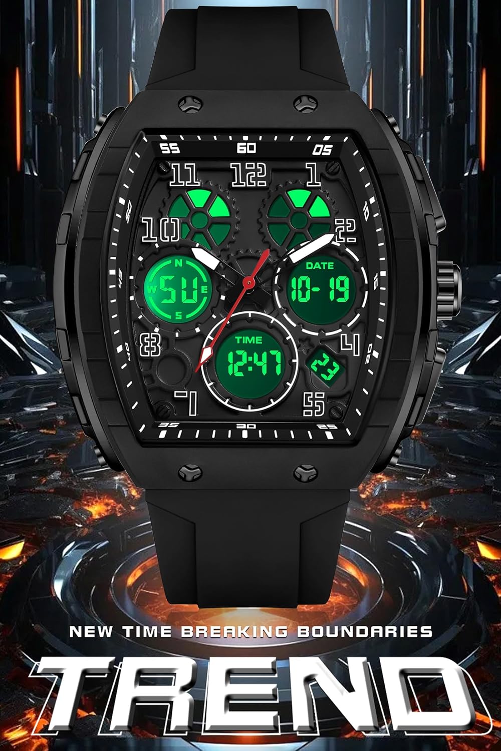 HOTfindtime Watches for Men Relojes para Hombres Wristwatch with Digital Analog Dual Time Display Countdown Stopwatch Punk Cool Design 5ATM Waterproof Mens Watch | Reloj de Hombre Rectangle Design Digital Analog Dual Time Display Countdown Stopwatch Punk