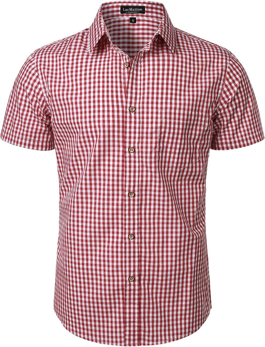 HOTLucMatton Men's Gingham Short Sleeve Button Down Shirt Cotton Regular Fit Plaid Dress Shirts with Pocket